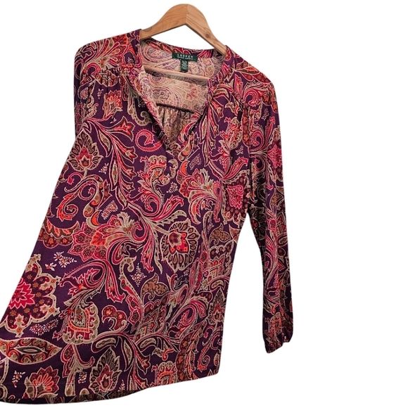 Lauren Ralph Lauren Cotton Paisley V-Neck Top Size XL Burgundy Red Casual Boho - Picture 7 of 14